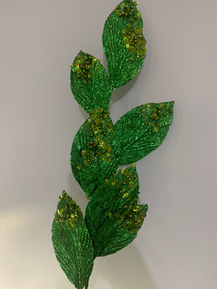 29in GREEN Glitter Leaf w/Sequins and Beads
