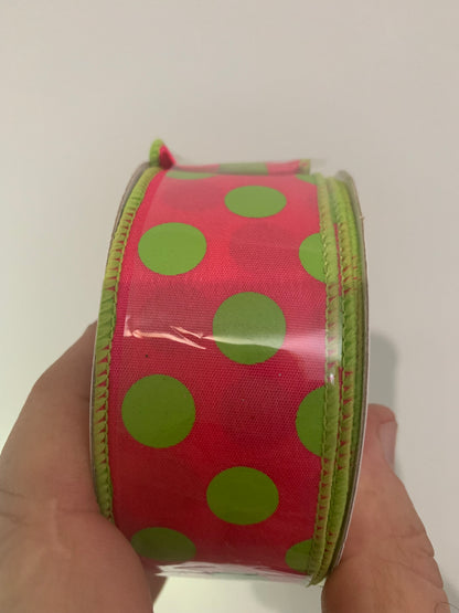 1.5 inch X 10 yard GREEN dot on PINK