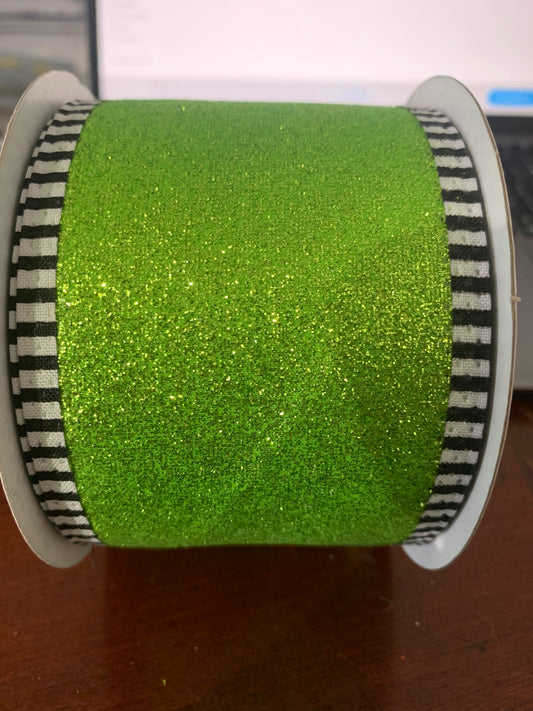 2.5inx10yd Metallic Glitter LIME with Blk/WhT Edge
