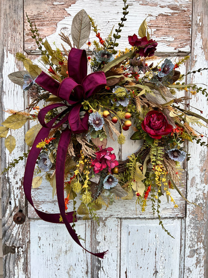 Handmade Fall Floral Wreath with Burgundy Ribbon