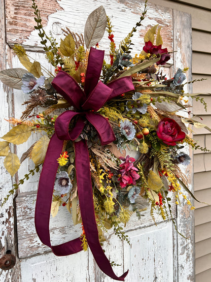 Handmade Fall Floral Wreath with Burgundy Ribbon