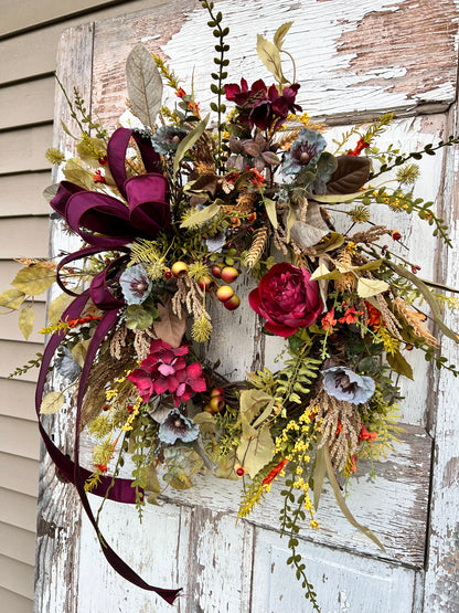 Handmade Fall Floral Wreath with Burgundy Ribbon