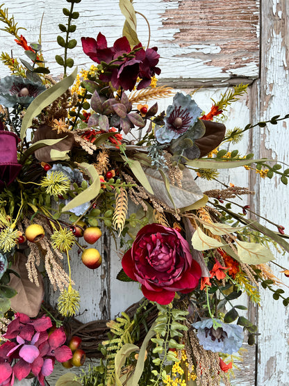 Handmade Fall Floral Wreath with Burgundy Ribbon