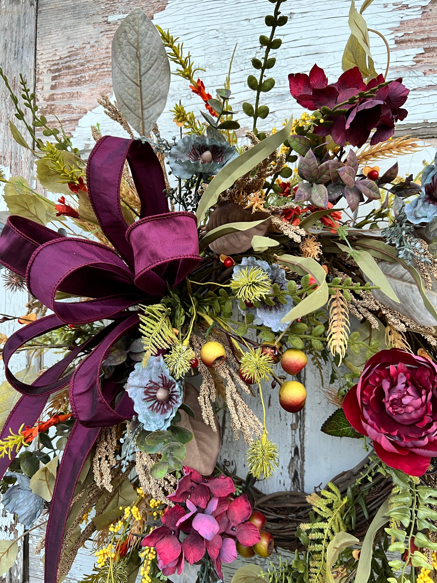 Handmade Fall Floral Wreath with Burgundy Ribbon