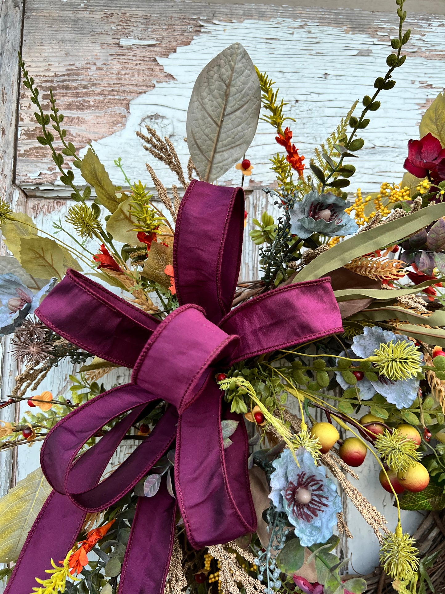 Handmade Fall Floral Wreath with Burgundy Ribbon