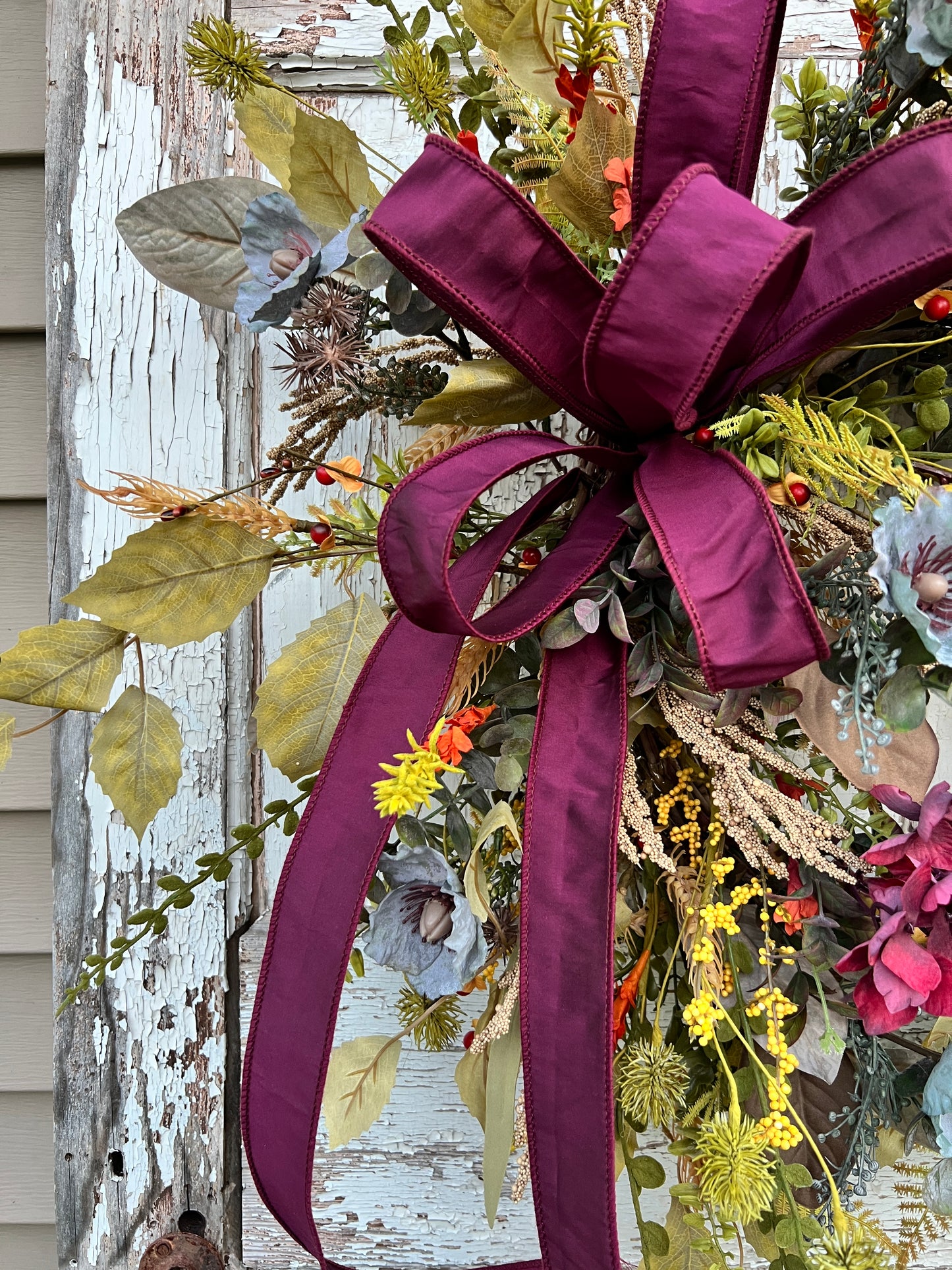 Handmade Fall Floral Wreath with Burgundy Ribbon