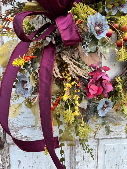 Handmade Fall Floral Wreath with Burgundy Ribbon