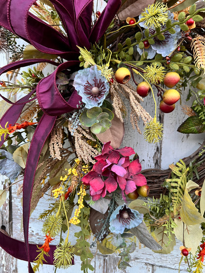 Handmade Fall Floral Wreath with Burgundy Ribbon