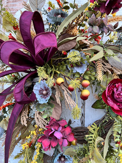 Handmade Fall Floral Wreath with Burgundy Ribbon