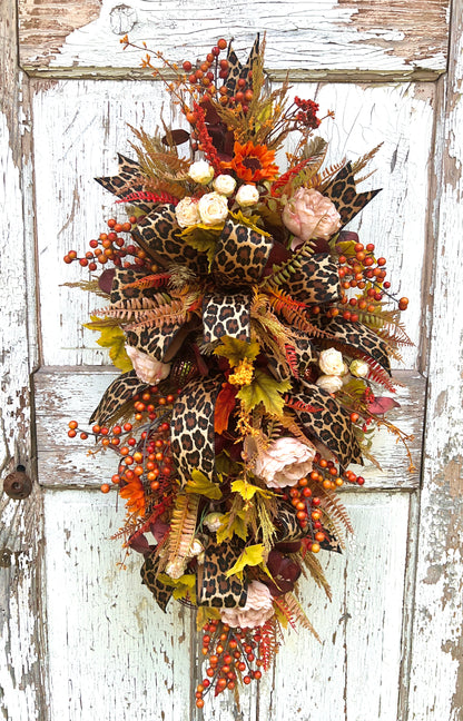 Handmade Fall Swag Wreath with Leopard Print Ribbon