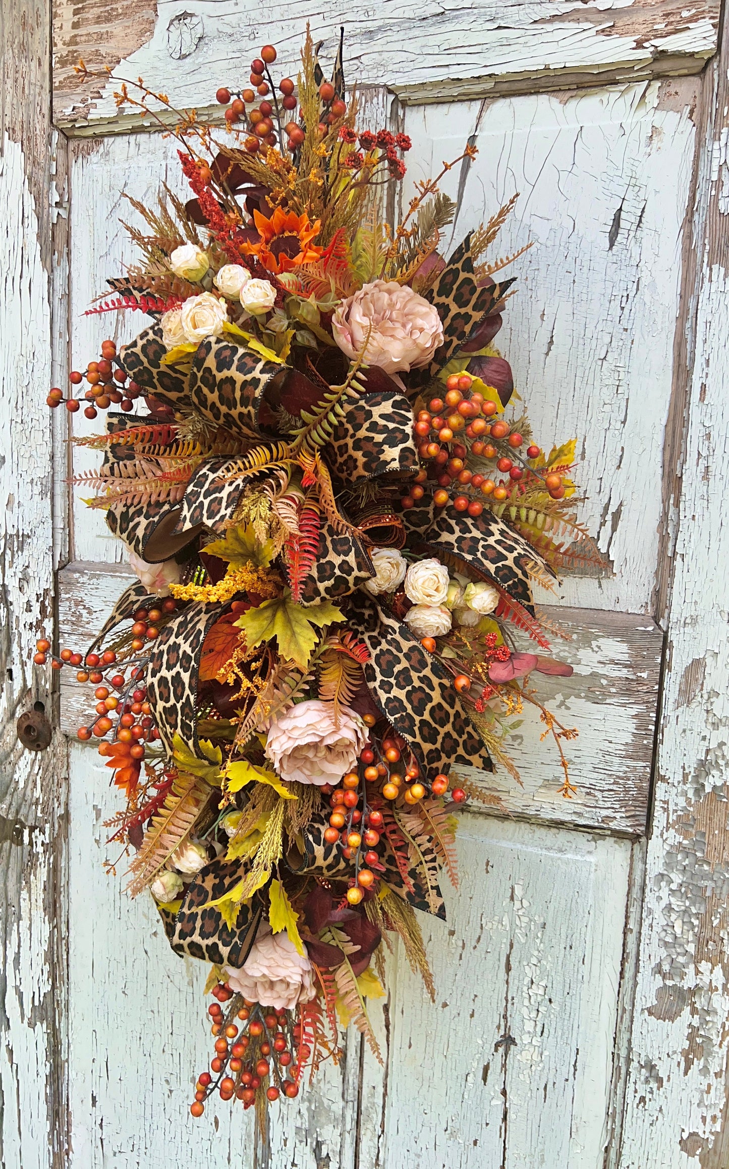 Handmade Fall Swag Wreath with Leopard Print Ribbon