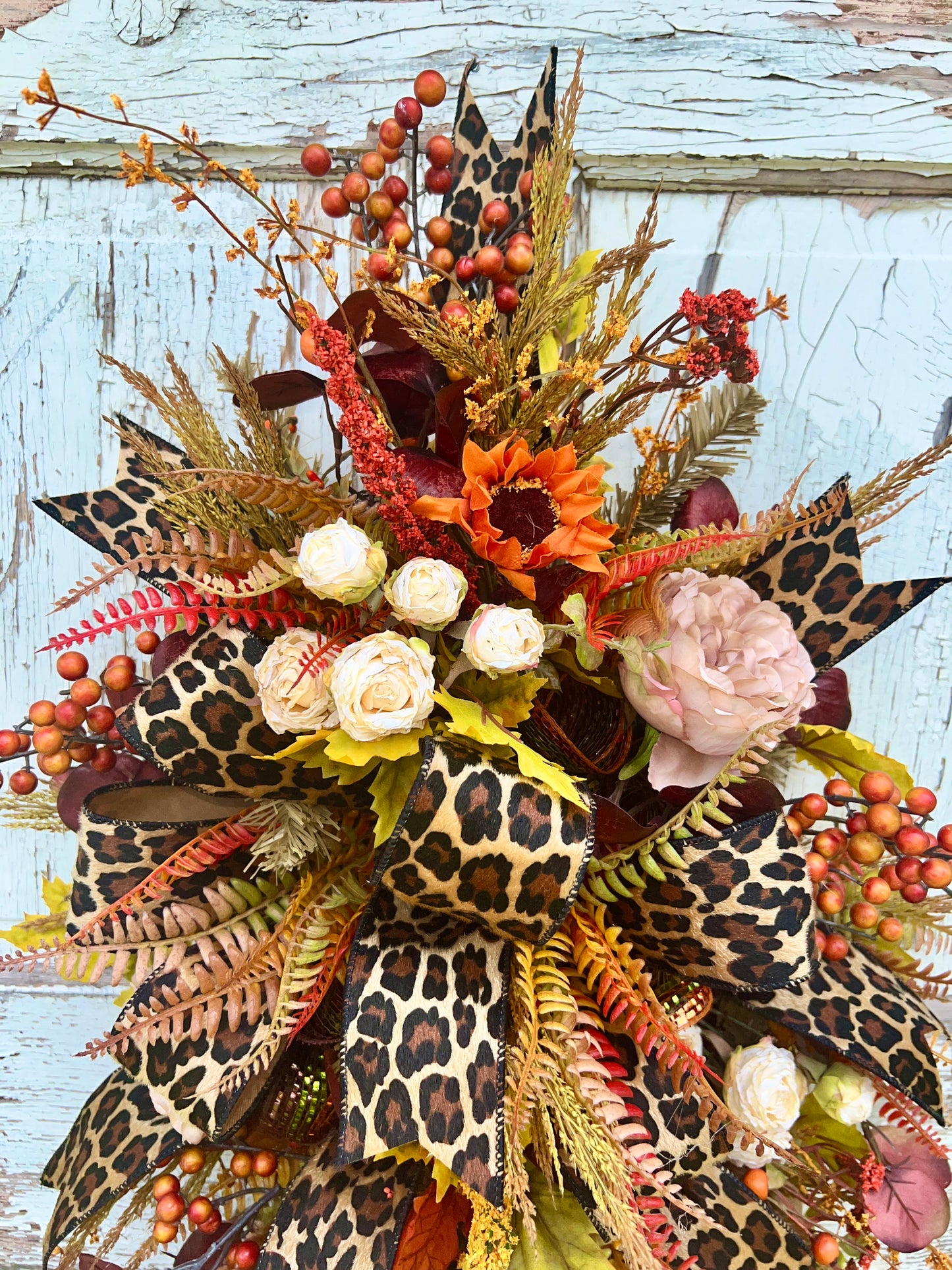 Handmade Fall Swag Wreath with Leopard Print Ribbon