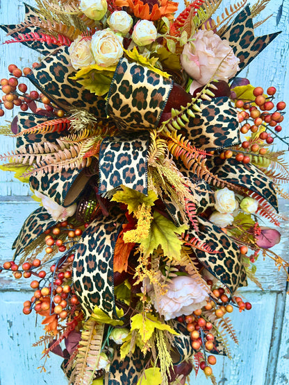 Handmade Fall Swag Wreath with Leopard Print Ribbon