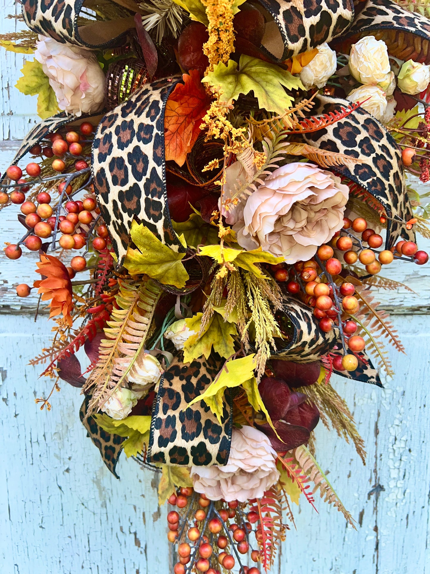 Handmade Fall Swag Wreath with Leopard Print Ribbon