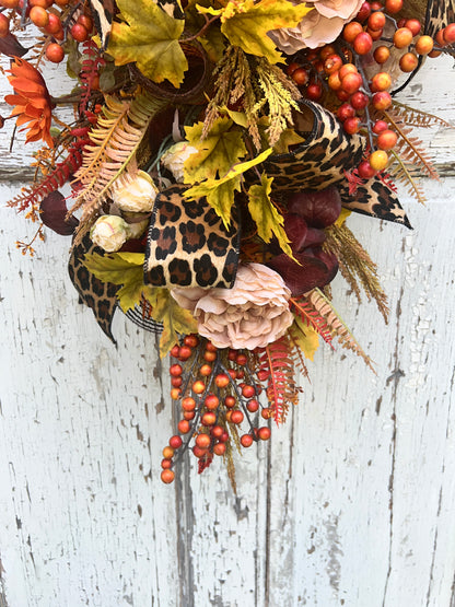 Handmade Fall Swag Wreath with Leopard Print Ribbon