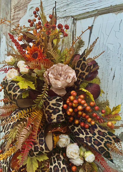 Handmade Fall Swag Wreath with Leopard Print Ribbon