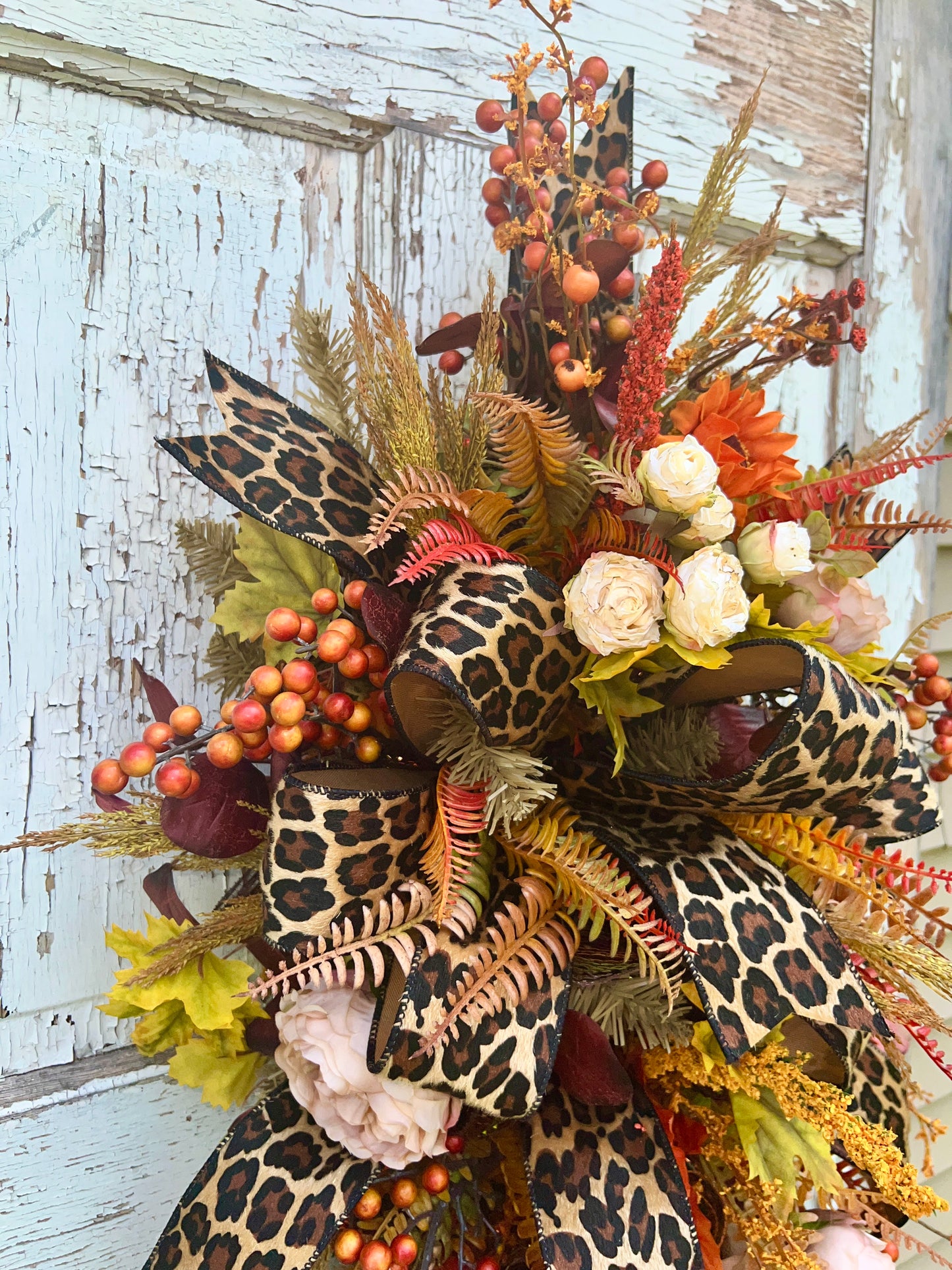 Handmade Fall Swag Wreath with Leopard Print Ribbon