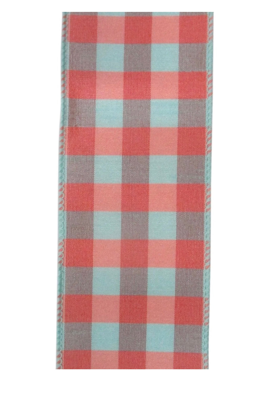 2.5inx10yd Aqua/Coral Plaid Ribbon