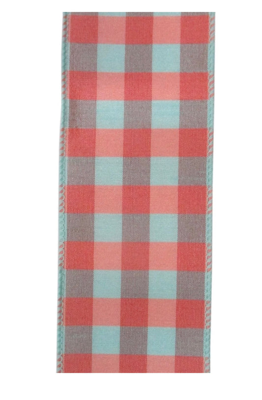 2.5inx10yd Aqua/Coral Plaid Ribbon
