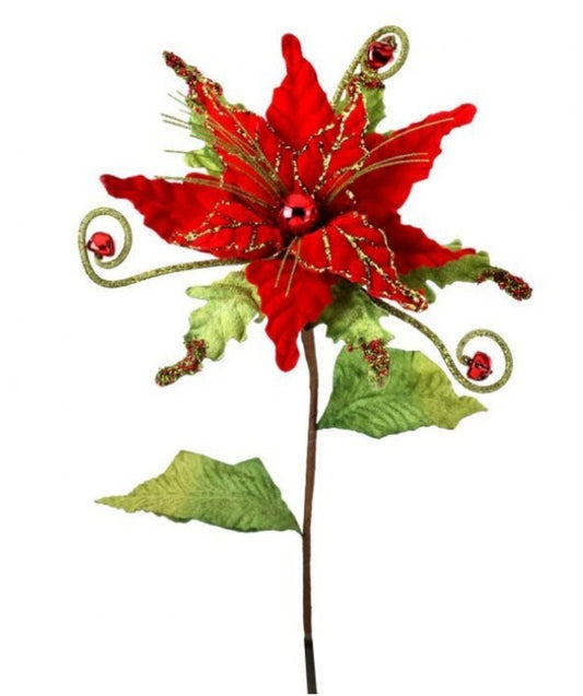 25in Glitter Velvet Curly JingleBell Poinsettia RED/GREEN