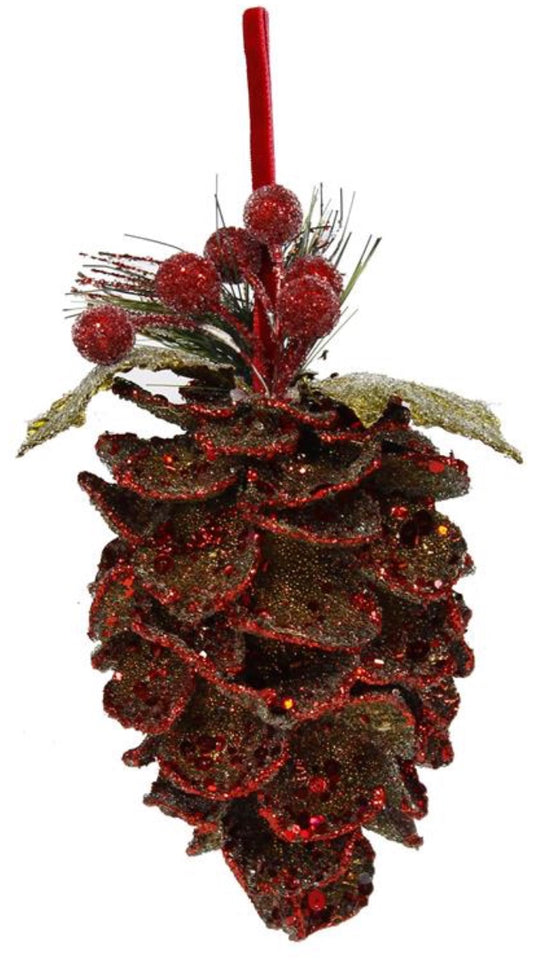 8in Frosted Pine/Holly/Berry CONE