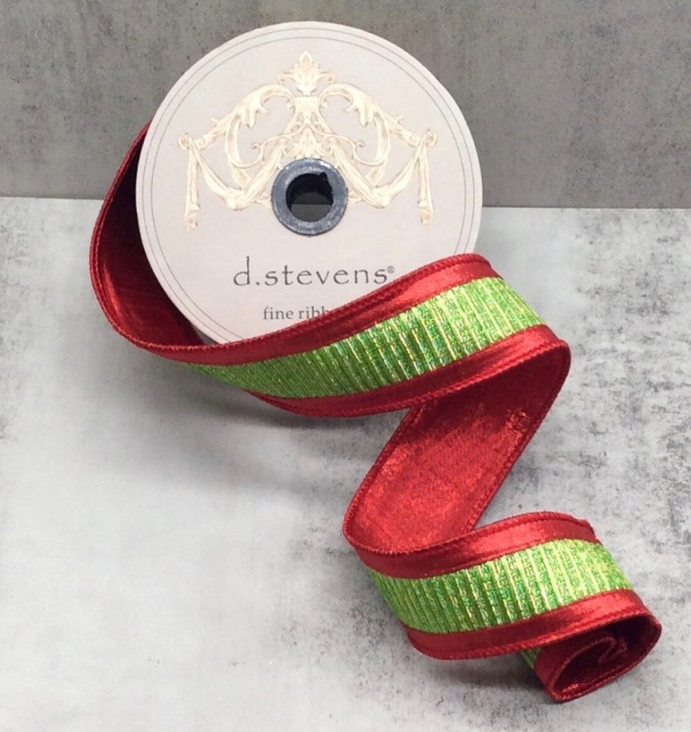 D Stevens 1.5in X 10 Yards Metallic Dupion Christmas Ribbon LIME/RED Pleated