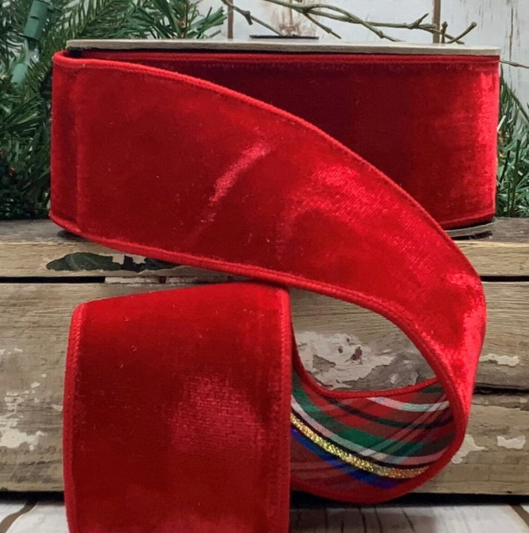 2.5in RED Velvet w/Nutcracker Plaid Back