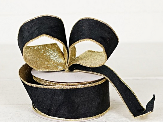 2.5inx10yd Black Velvet Ribbon w/Glittered Gold