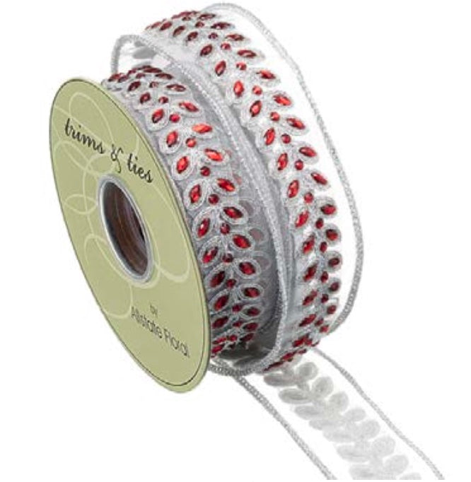 5 YD x 1.5in JEWEL trim SILVER/RED