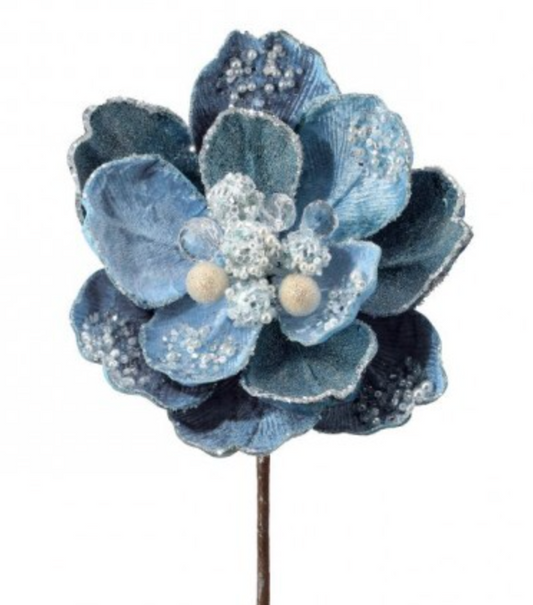 24in Iced Jeweled Blue Magnolia - Premium Floral for Wreaths, Arrangements and Home Decor Regency