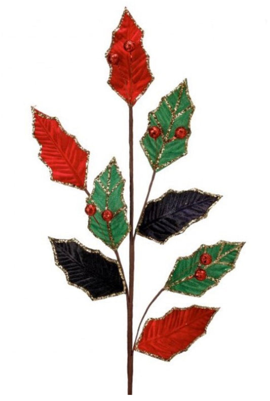 30in Velvet Glitter-Vein Holly Leaves