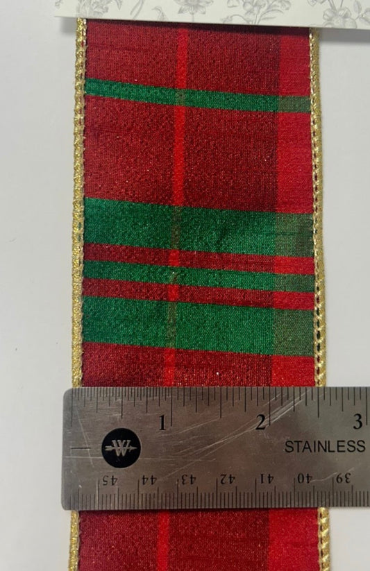 2.5inx10yd RED/GREEN Plaid Dupion w/Gold Lame Back
