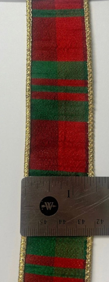 1.5inx10yd RED/GREEN Plaid Dupion w/Gold Lame Back