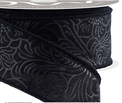 1.5inx10yd Black Floral Leaves Ribbon