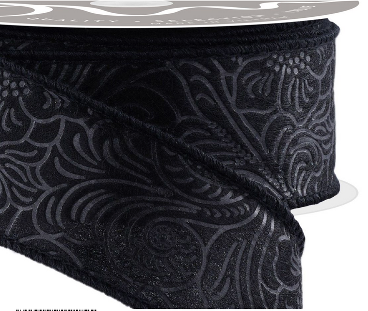 1.5inx10yd Black Floral Leaves Ribbon