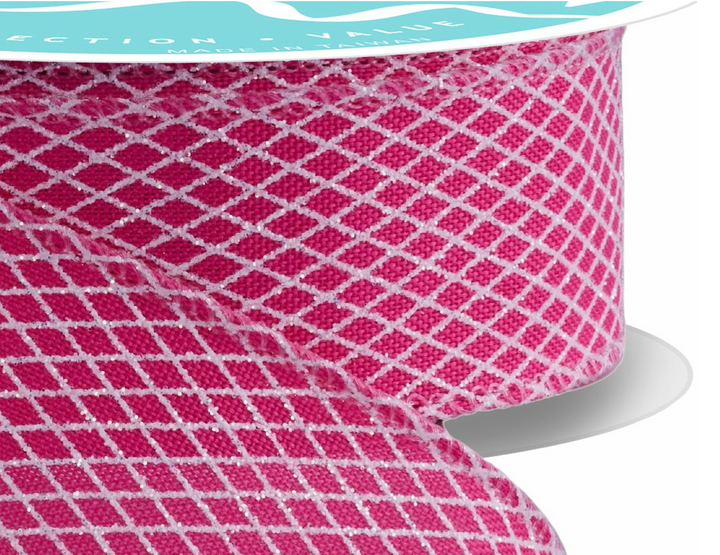 1.5inx10yd Fuchsia/White Mini Harlequin Check Ribbon