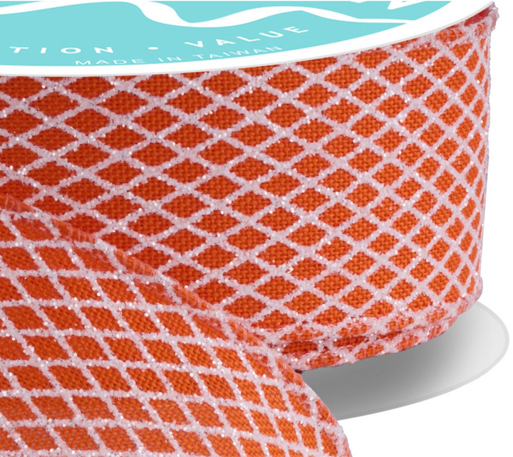 1.5inx10yd Orange/White Mini Harlequin Check Ribbon