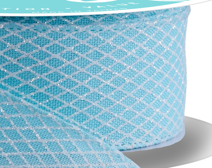 1.5inx10yd Ice Blue/White Mini Harlequin Check Ribbon