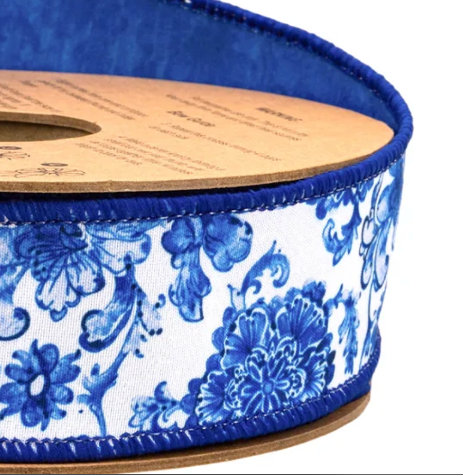 1.5inx10yd Blue / White Dupion Floral Ribbon