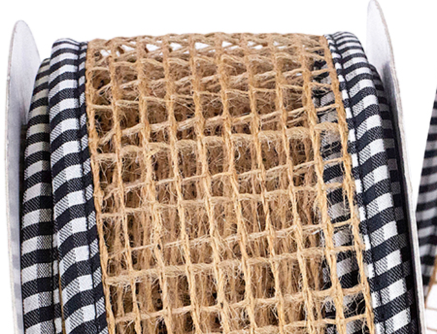 2.5inx10yd Open Weave Burlap BLK/WHT EDGE