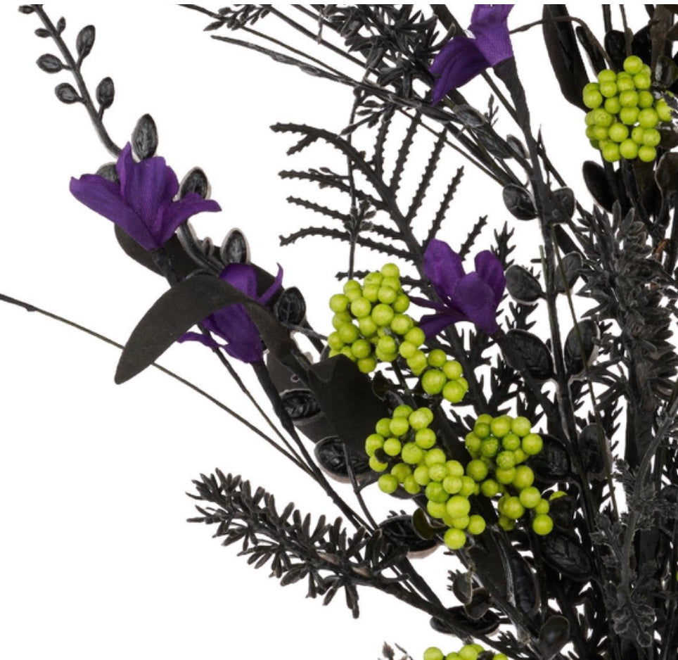 24in Fabric Flower/Leaf/Bead Spray HALLOWEEN LIME/PURP