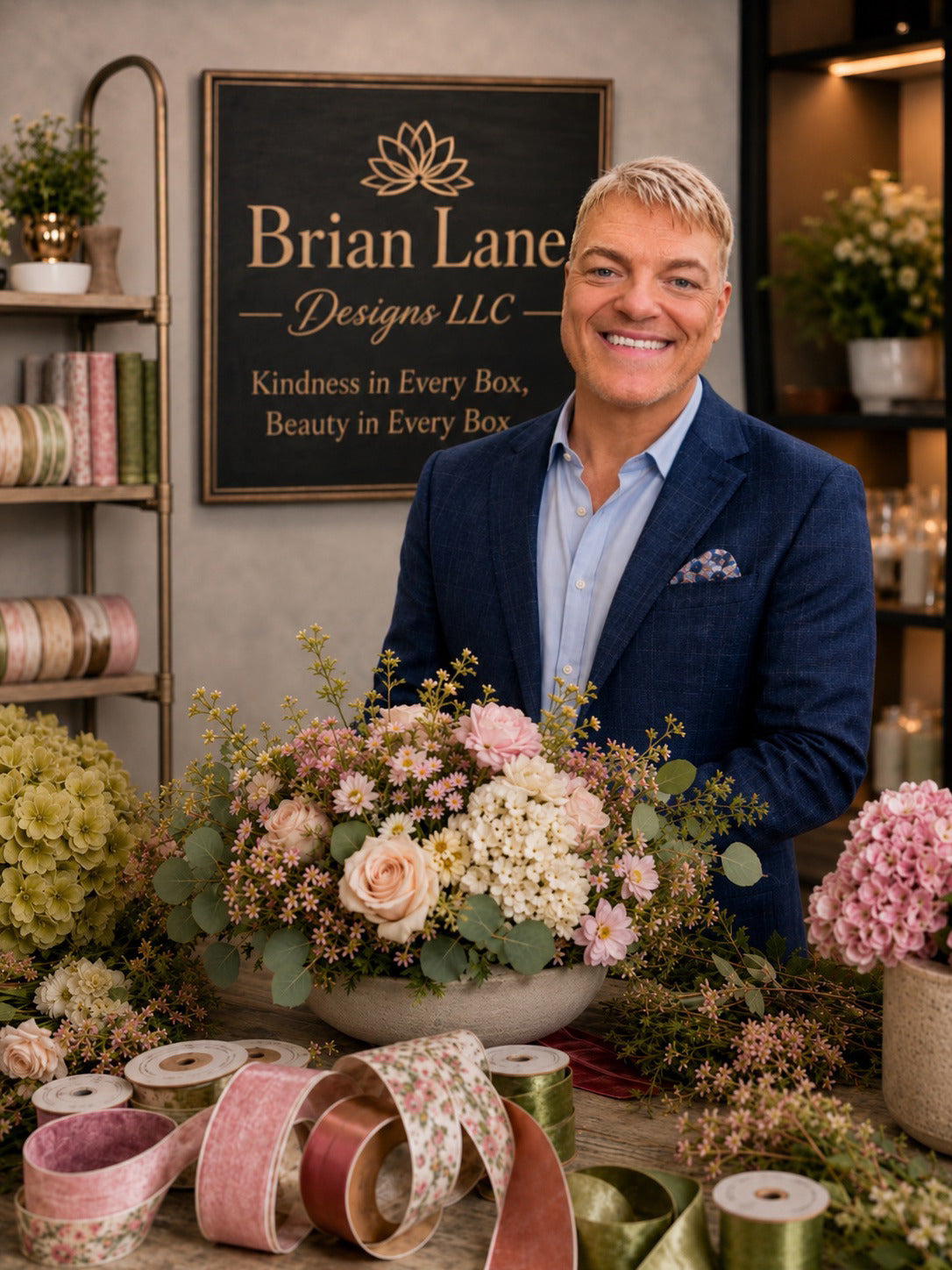 Man standing behind a floral arrangement with 'Brian Lane Designs LLC' sign in the background