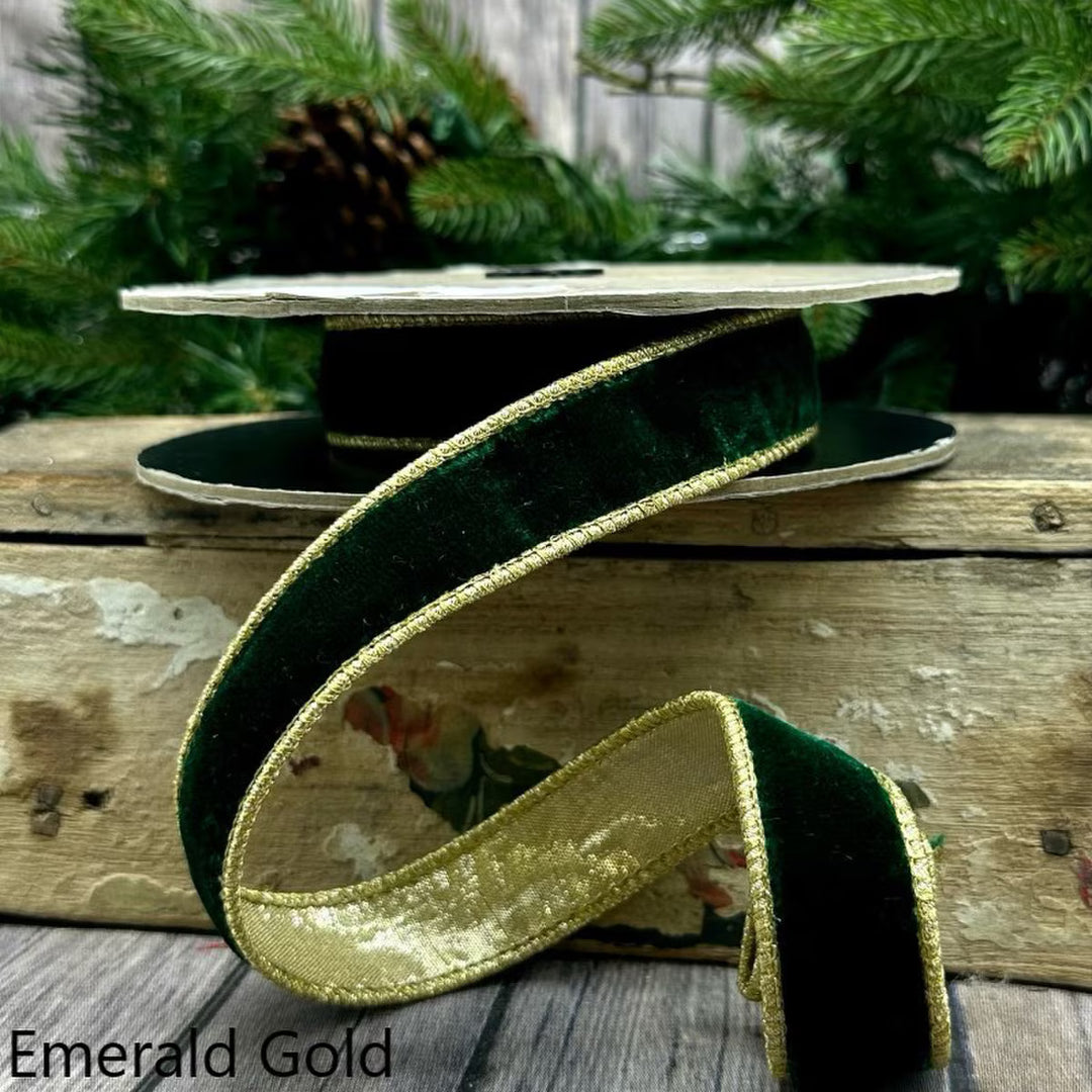 D Stevens 1 inch x 10 Yards Plush Velvet Ribbon in Emerald Green and G ...