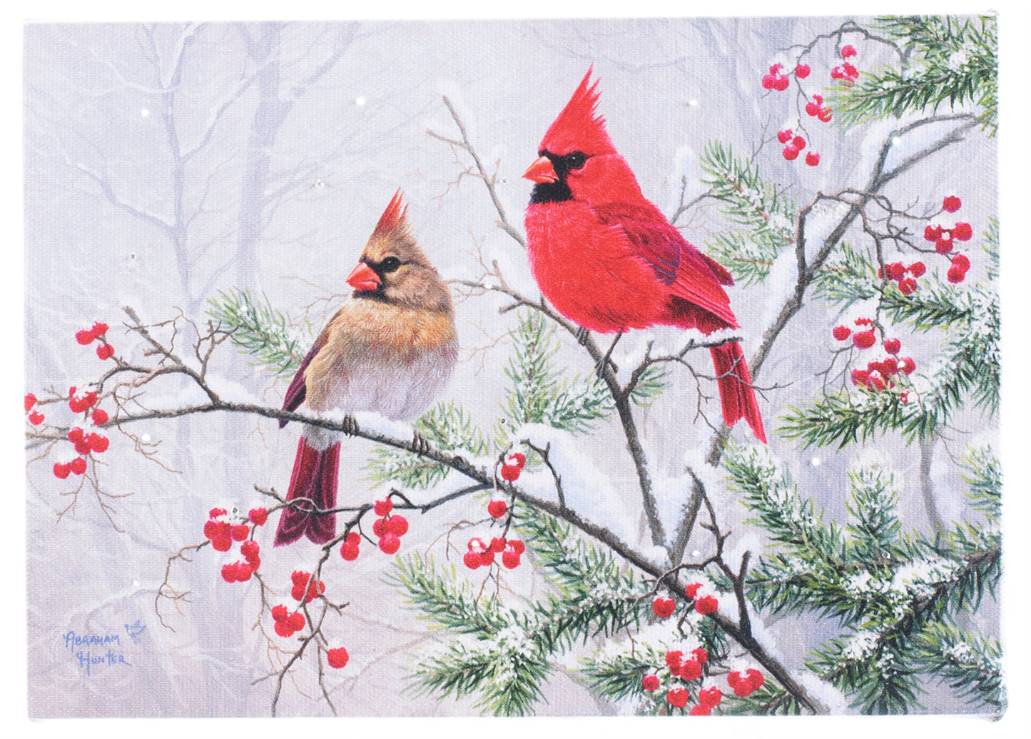 Cardinals on Evergreen Berries 6x8 LIGHTED PICTURE