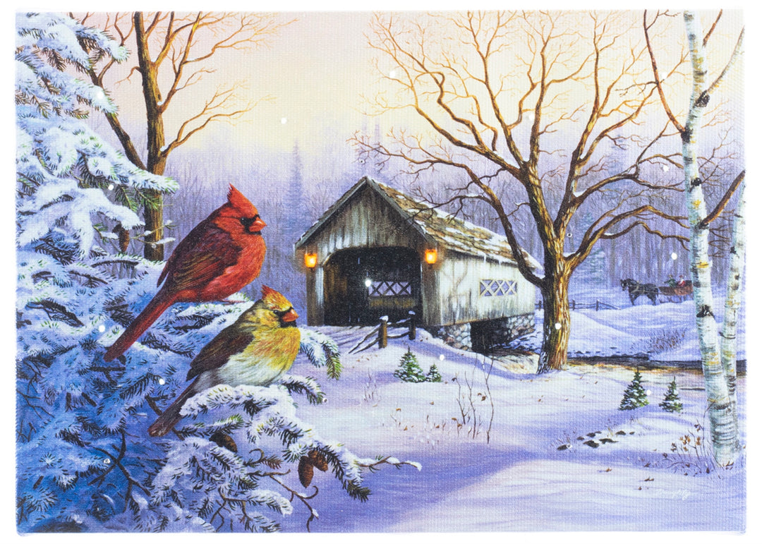 Cardinals & Covered Bridge 6x8 LIGHTED PICTURE