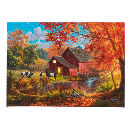 Autumn Red Barn & Pond 6x8 LIGHTED PICTURE