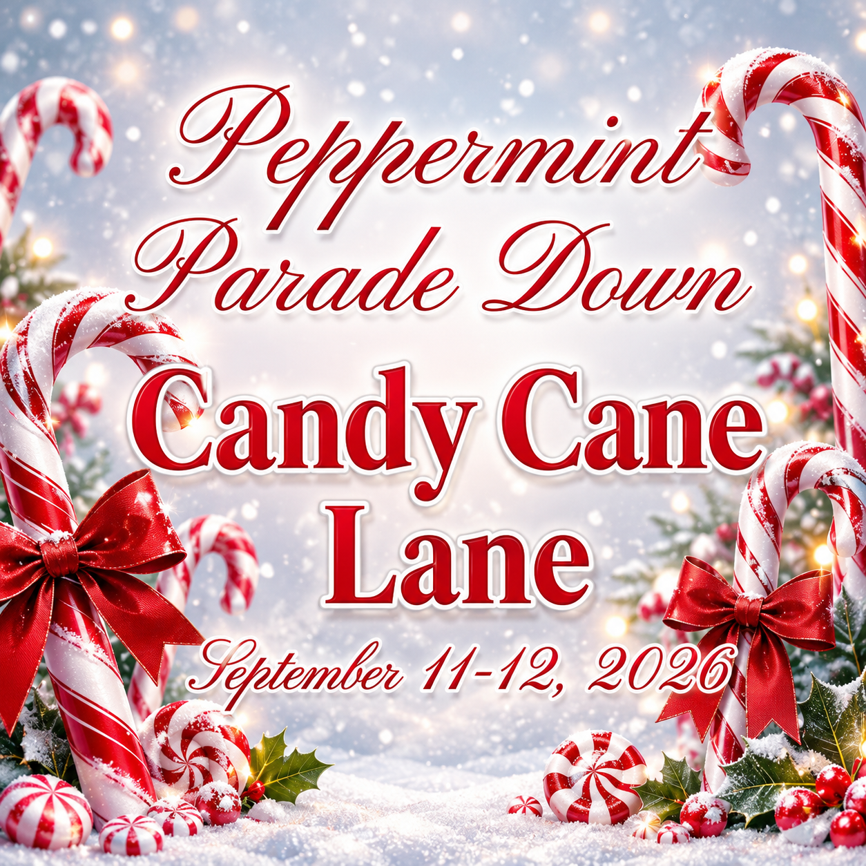 Promotional graphic for 'Peppermint Parade Down Candy Cane Lane' event with candy canes and red bows.