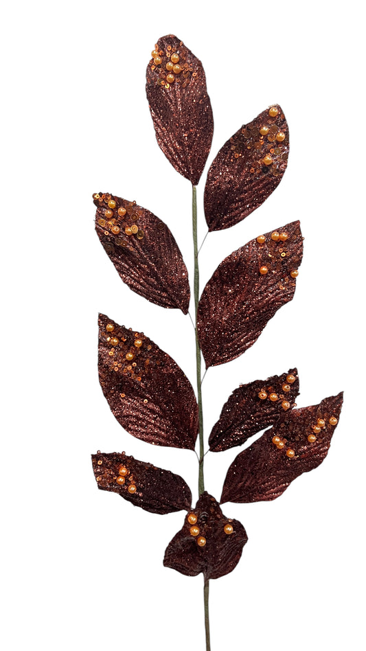29in BROWN Glitter Leaf w/Sequins & Beads Vickerman