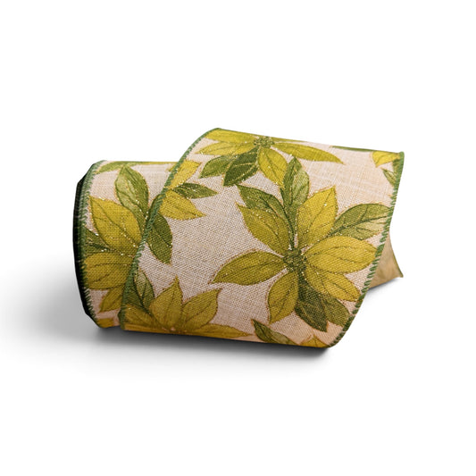 4" x 10 Yard Natural Linen Ribbon with Green Poinsettias – Wired Edge DStevens