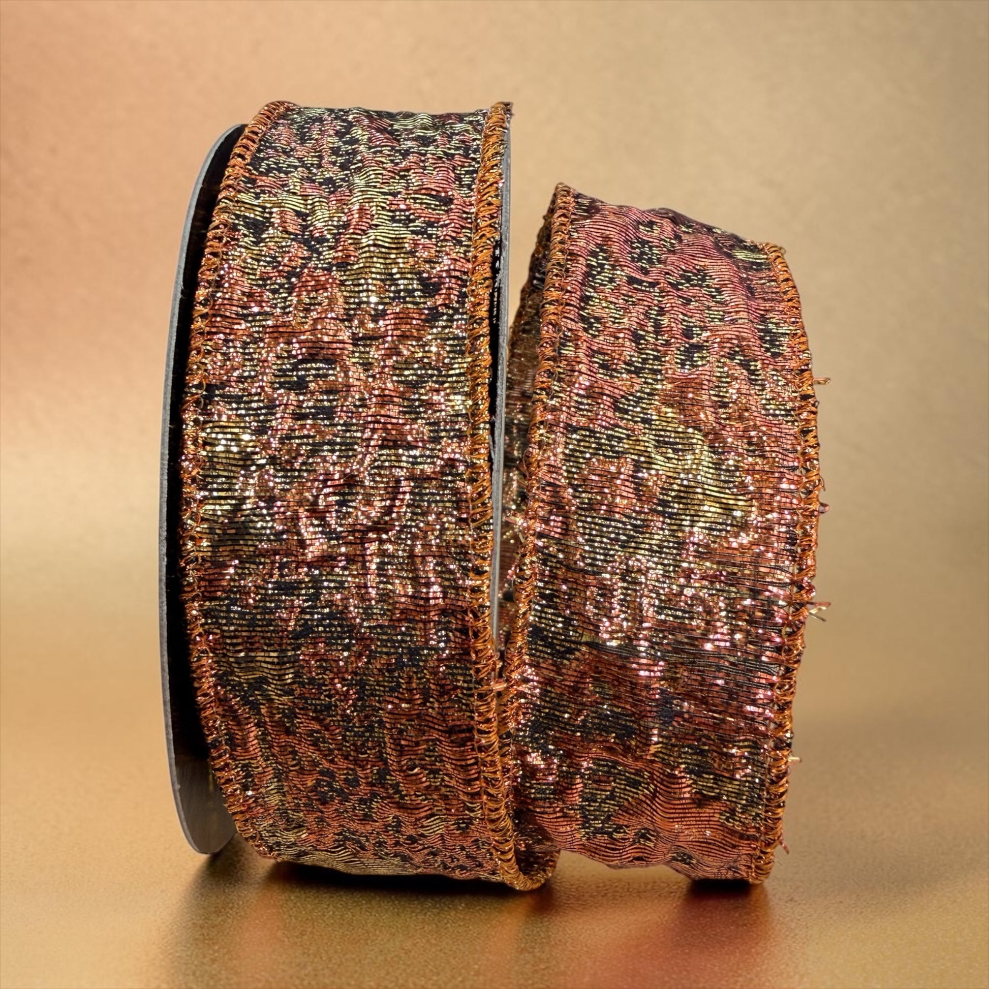 D. Stevens 1.5" x 10 Yard Crushed Metallic Lamé Ribbon Sage/Copper & black Wired Designer Ribbon DStevens